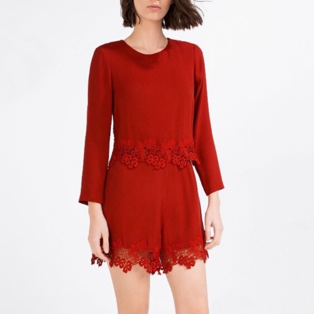Zara Red Crepe Long Sleeve Lace Trim Romper